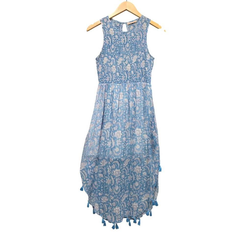 Banjanan Sleeveless Dress Women M Blue Floral Block Print Smocked Tassel Boho